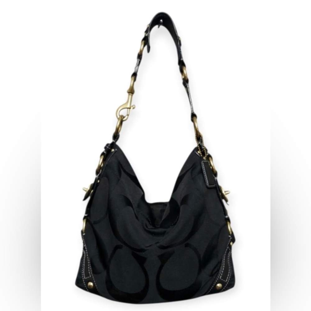 COACH CARLY SIGNATURE HOBO BLACK LOGO BRASS HARDWARE!